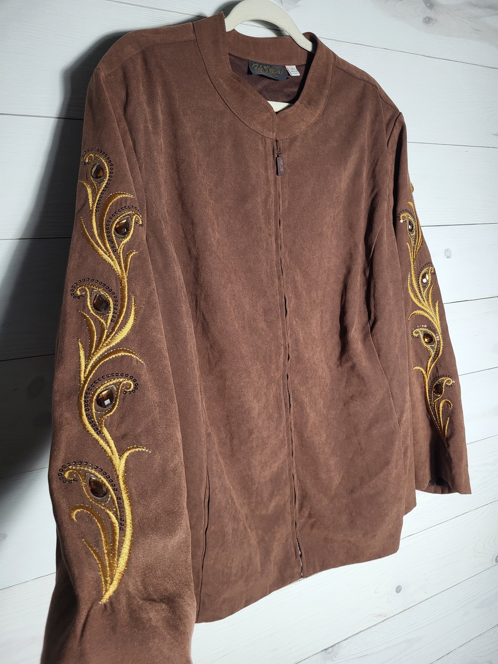 Bob Mackie Jacket Brown Faux Suede Gold Embroidered Embellished Plus Size.